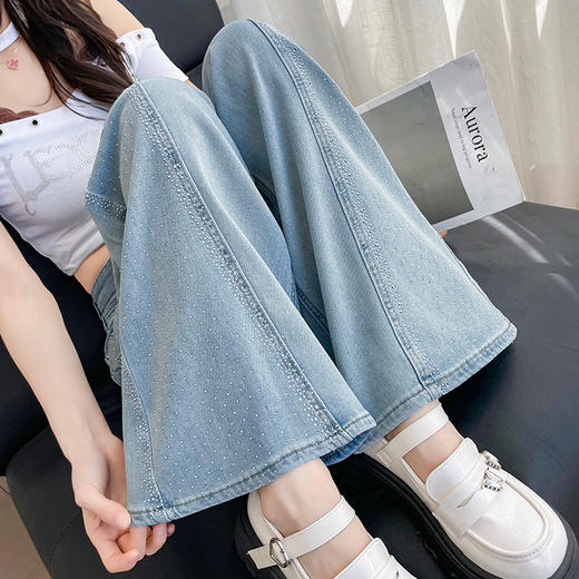 百媚生 天空蓝烫钻阔腿牛仔裤高腰梨型身材宽松直筒裤QYL-8076 商品图3