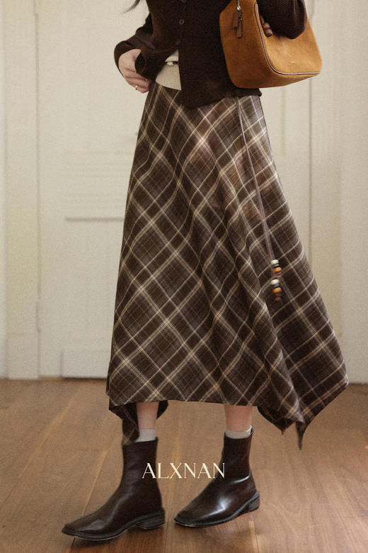 鹿向南「热娜花漫」不规则咖色格纹半身裙女初秋宽松显瘦A字长裙 商品图5