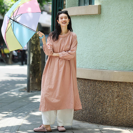 绽放旅行女装128朵/全棉提花结构感斜襟宽松文艺长袖气质连衣裙女 商品图1