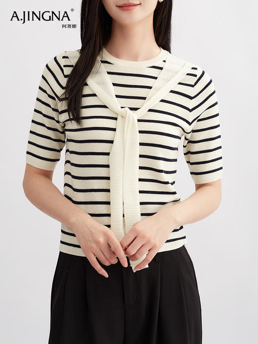 【舒适肌理】阿菁娜假两件条纹海军风飘带毛衫F30Q302027 商品图2