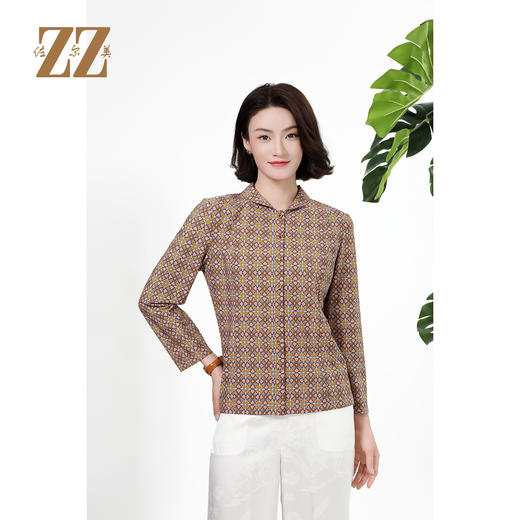 佐尔美复古民族风几何印花翻领长袖针织工艺衫女M51CC04 商品图1