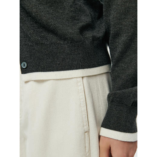 棉仓366635027-撞色领羊毛针织开衫女25秋新品拼色设计感叠穿针织外套上衣 商品图1