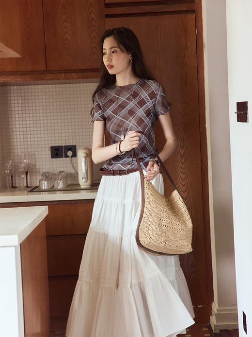 Even Vintage | 复古格纹 缩褶优雅时髦密拷边修身短款上衣女夏秋 商品图2