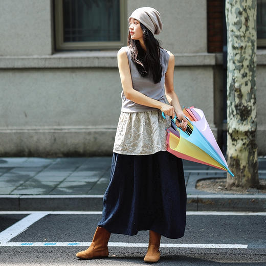 绽放旅行女装472朵/纯亚麻色织分割花苞廓形感文艺半身长裙半身裙 商品图2