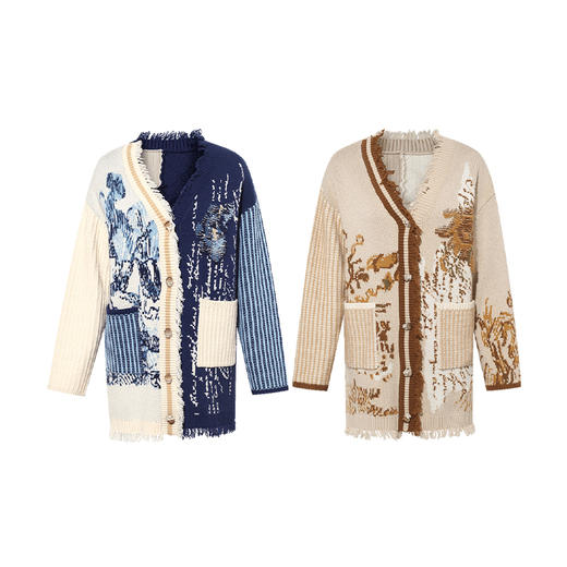 两三事梵高文艺 氤氲初绽 2025秋季新款复古流苏边花色毛衣开衫女 商品图4