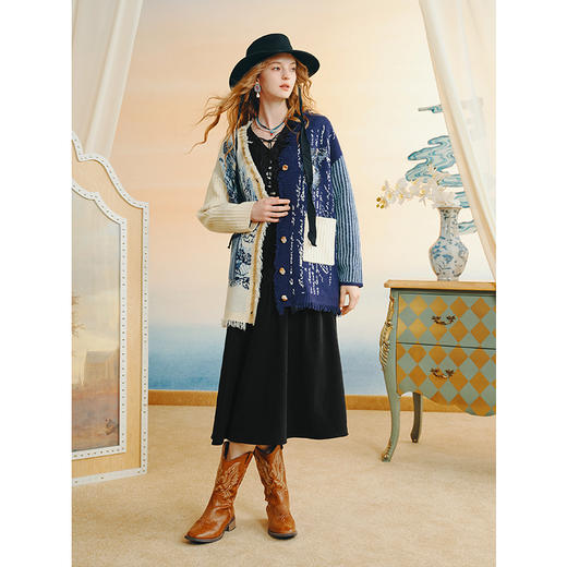 两三事梵高文艺 氤氲初绽 2025秋季新款复古流苏边花色毛衣开衫女 商品图2