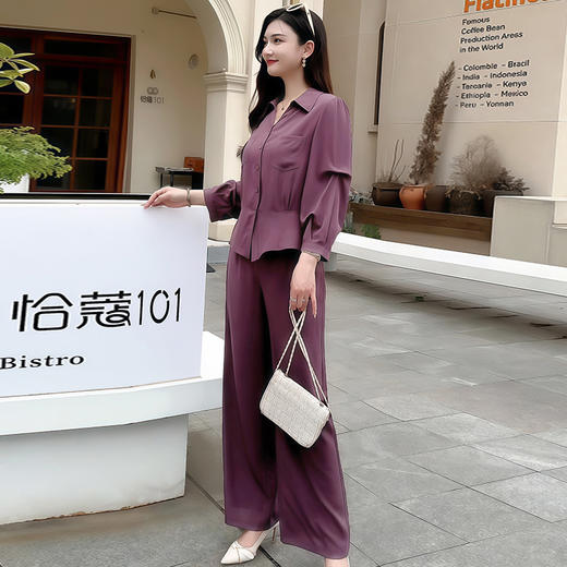 QYM 7708-Y时尚两件套衬衫+高腰直筒阔腿裤休闲套装 商品图2