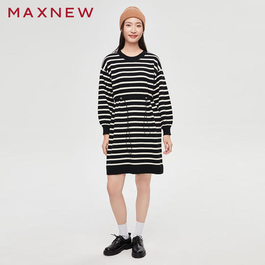 【门店同款】马恩MAXNEW女装连衣裙秋冬条纹连衣短裙圆领松紧腰内 商品图4