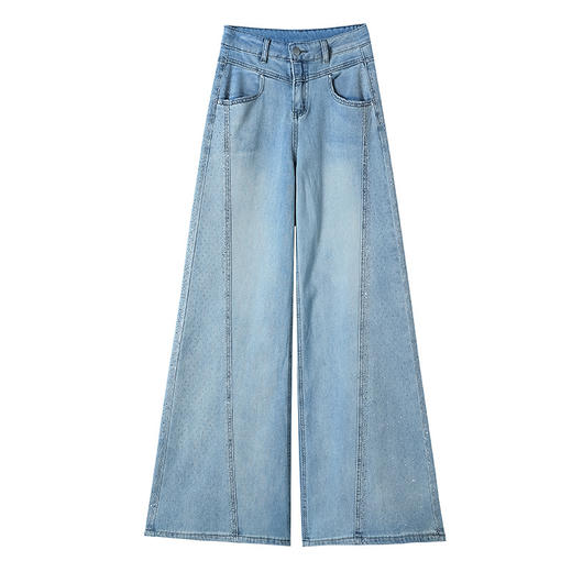 百媚生 天空蓝烫钻阔腿牛仔裤高腰梨型身材宽松直筒裤QYL-8076 商品图4