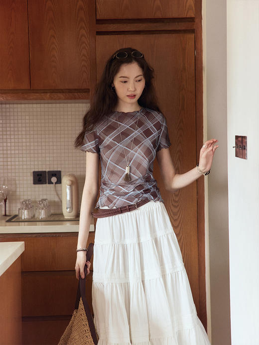 Even Vintage | 复古格纹 缩褶优雅时髦密拷边修身短款上衣女夏秋 商品图4