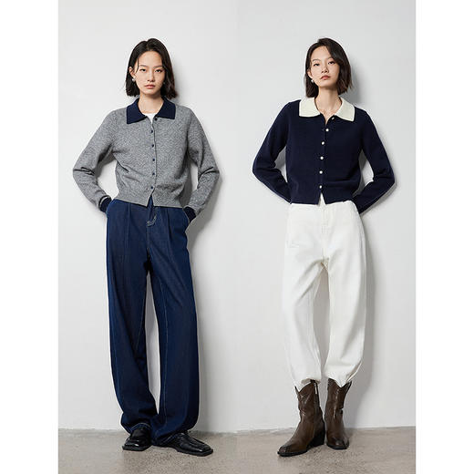 初语 秋冬撞色POLO领针织衫上衣女小香风修身毛织开衫长袖 商品图4