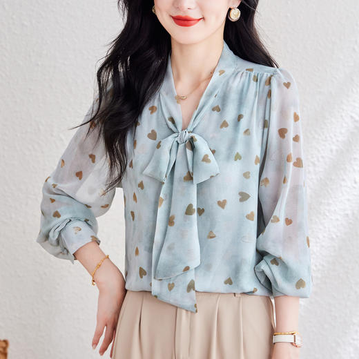 KQL 369H9977系带碎花淑女显瘦长袖上衣时尚通勤气质衬衫 商品图2