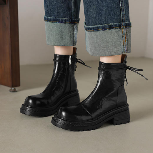 阿么手工女鞋厚底绑带百搭短靴2025新款靴子女款真皮秋季单靴6CM 商品图1