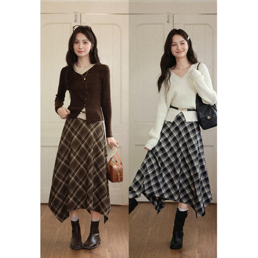 鹿向南「格织晚秋」格子休闲半身裙秋新款不规则百搭通勤长裙女款 商品图0