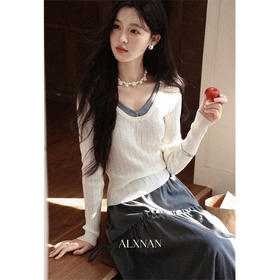 鹿向南「布里花韵」假两件米白色V领长袖针织衫高级感上衣女初秋