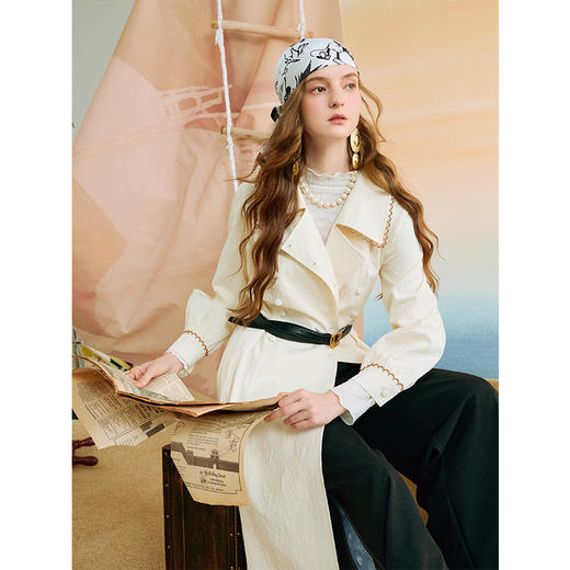 两三事梵高文艺 月落潮汐 2025秋季新款印花可拆领带双排扣连衣裙 商品图3