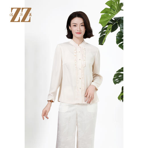 佐尔美秋上新百搭轻熟风立领褶皱法式木耳边门襟衬衣女M51CC08 商品图0