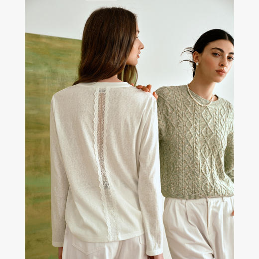 OLrain欧芮儿通勤拼接花边圆领长袖百搭T恤2025秋季新款法式上衣 商品图0