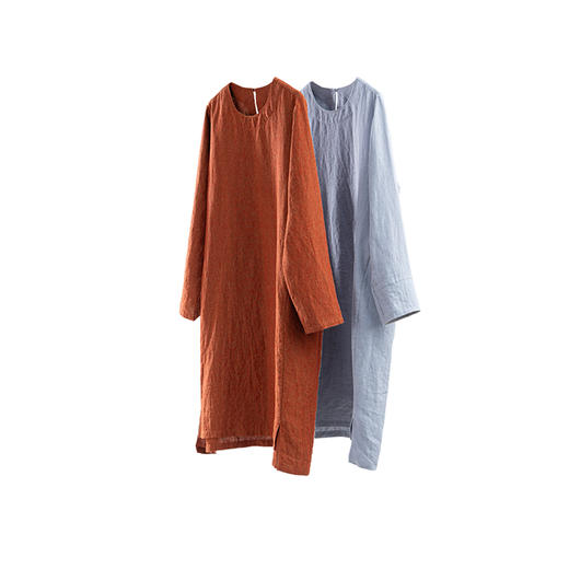 绽放旅行女装474朵/纯亚麻圆领廓感叠穿简约文艺长袖连衣裙中长款 商品图4