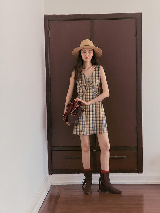 【现货】Even Vintage | 复古泡泡格纹 优雅甜美V领肌理无袖背心连衣裙夏 商品图4