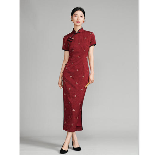 复古仿醋酸提花长款修身显瘦红色旗袍裙GX184622 商品图0