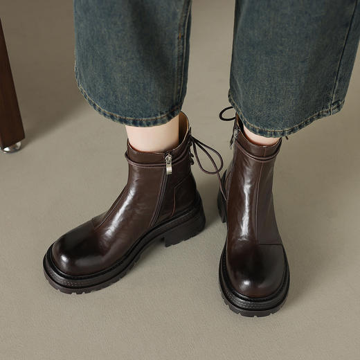 阿么手工女鞋厚底绑带百搭短靴2025新款靴子女款真皮秋季单靴6CM 商品图4