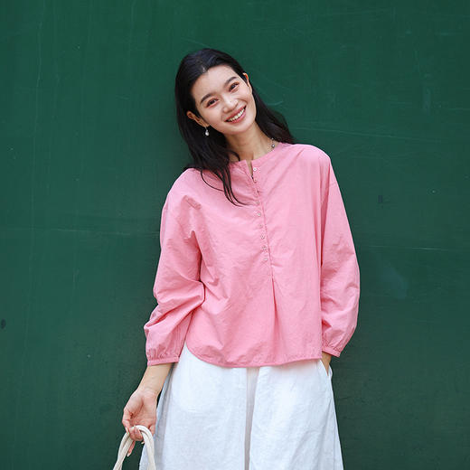 绽放旅行女装469朵/汉麻棉半开襟圆领落肩秋季长袖衬衫设计感小衫 商品图0