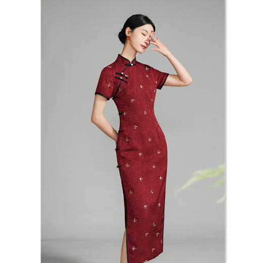 复古仿醋酸提花长款修身显瘦红色旗袍裙GX184622 商品图2