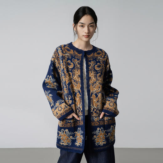 【林栖设计小店】（现货）鸳鸯提花手钩秋色毛织开衫优雅气质2025秋冬新款毛衣外套女1954064 商品图0