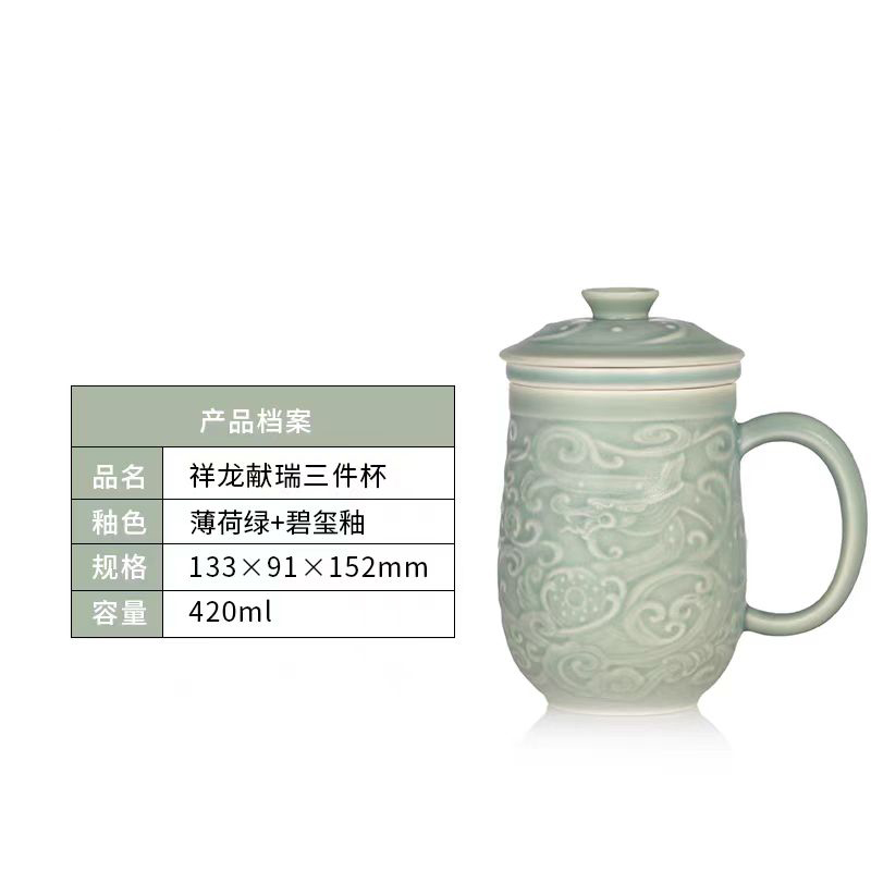乾唐轩祥龙献瑞三件杯 薄荷绿款