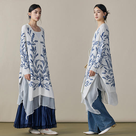 【林栖设计小店】（现货）提花毛织外套拼桑蚕丝飞片复古2025秋冬新款长款开衫女1954083 商品图2