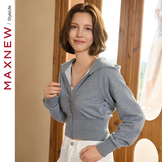 【门店同款】马恩MAXNEW女装2024秋季新款短款连帽拉链卫衣外套流 商品图4