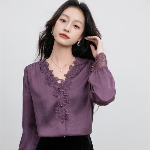 「自」全新升级【铂金会员174/天猫229/差价55】(75528)洛诗琳法式气质蕾丝领衬衫2025秋季新款设计感雪纺衫上衣女 商品图3