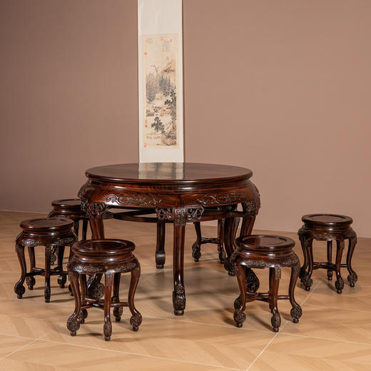 清	红木螭龙纹双拼圆桌圆凳成套（一桌六凳） 商品图1