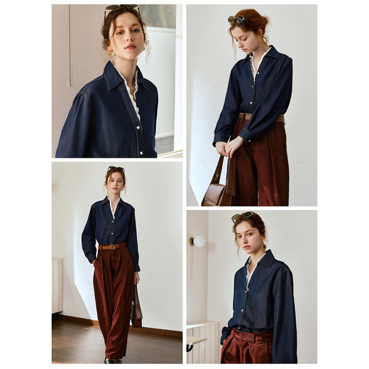 OLrain欧芮儿法式蓝色牛仔衬衫2025秋季新款翻领拼接花边上衣 商品图2