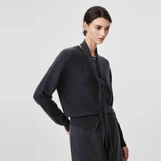 棉仓366635007-羊毛羊绒叠穿针织毛衣女25秋新品围脖飘带开衫短款针织上衣 商品图0