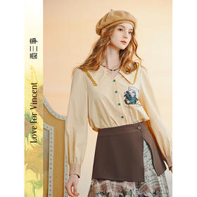 两三事梵高文艺恋语情书2025秋季新款文艺风印花贴布绣长袖衬衫女