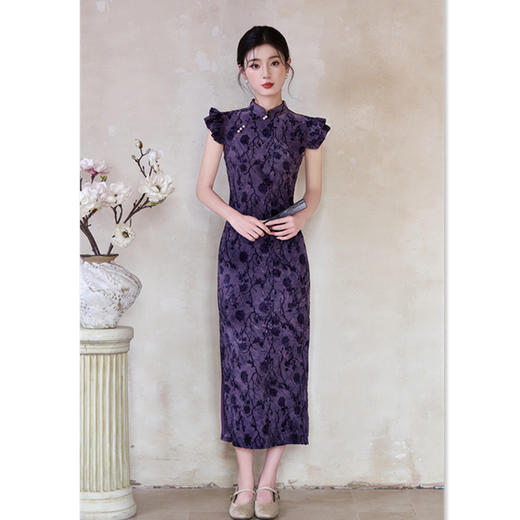 老上海旗袍扎染植绒新中式改良荷叶袖GX211075 商品图3