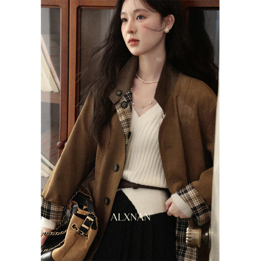 鹿向南「黛西星梦」设计感美拉德棕色格纹拼接立领外套上衣女秋季 商品图1