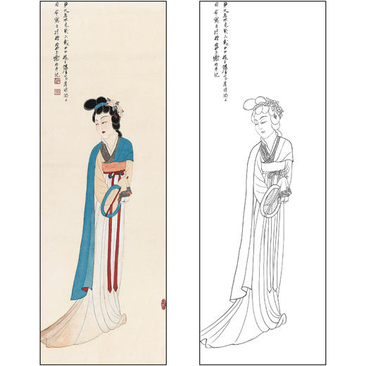 谢稚柳人物工笔画白描底稿《唐装仕女》临摹勾线高清打印稿XZ29 商品图0