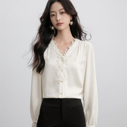 「自」全新升级【铂金会员174/天猫229/差价55】(75528)洛诗琳法式气质蕾丝领衬衫2025秋季新款设计感雪纺衫上衣女 商品图0