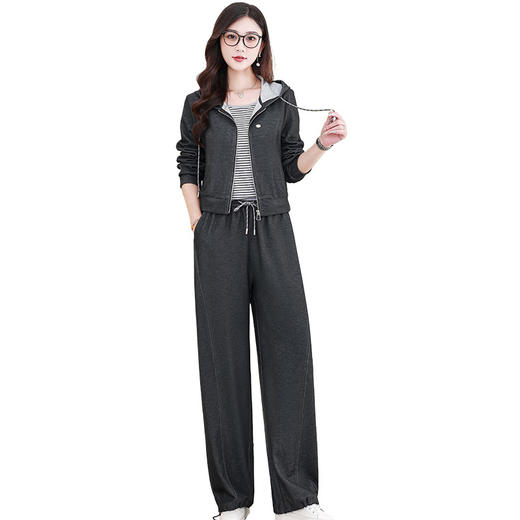 QYM 7701-Y时尚运动三件套条纹小衫+外套+阔腿长裤休闲套装 商品图4