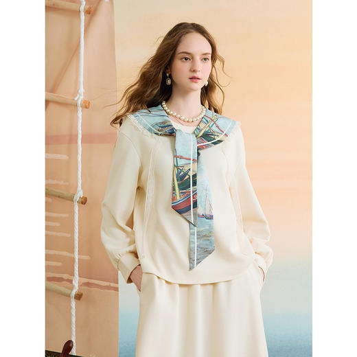 两三事梵高文艺孤帆远航2025秋季新款印花海军领刺绣两件套女套装 商品图2