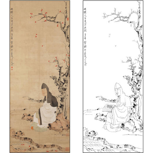 谢稚柳人物工笔画白描底稿《仿陈洪绶松下读易图》临摹勾线高清打印稿XZ22 商品图0
