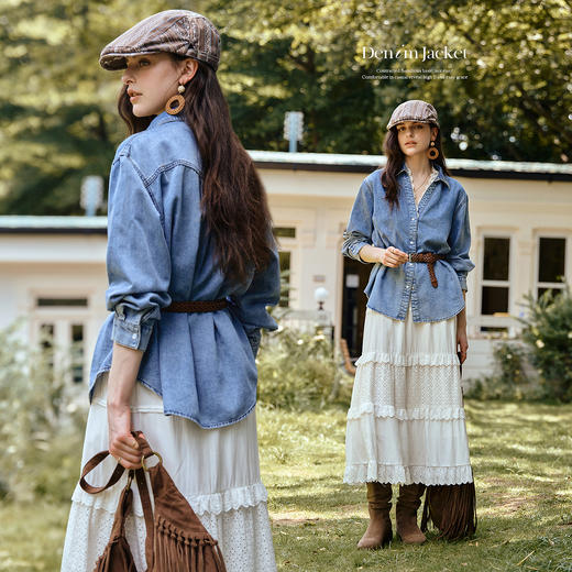 OLrain欧芮儿法式蓝色牛仔衬衫2025秋季新款翻领拼接花边上衣 商品图1