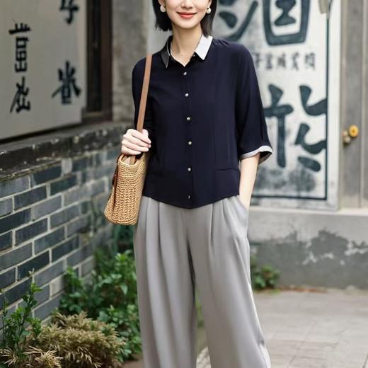 新款轻熟优雅气质纯色撞色上衣+高腰阔腿裤两件套 商品图1