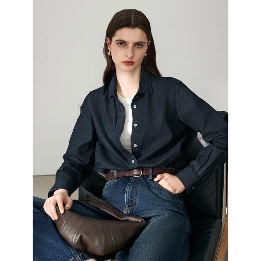 棉仓366604023-正肩全棉牛仔衬衫女 25秋季通勤显瘦小方领美式复古长袖衬衣 商品图0