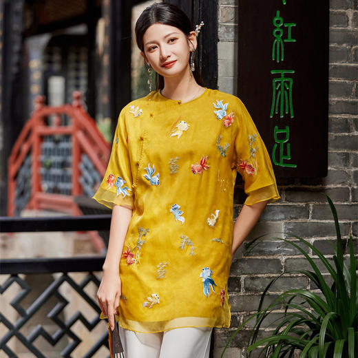 旗袍茶服真丝欧根纱重工金鱼刺绣宽松连衣裙FL6067 商品图0