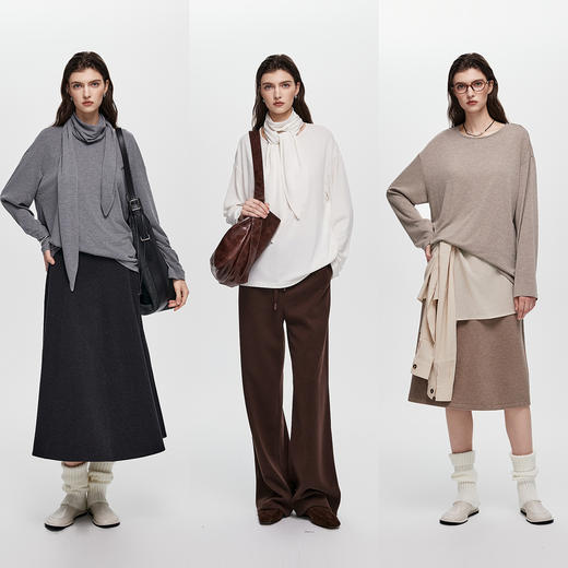 棉仓366601023-设计感小众围巾T恤女含羊毛25秋松弛多造型长袖微弹上衣 商品图3