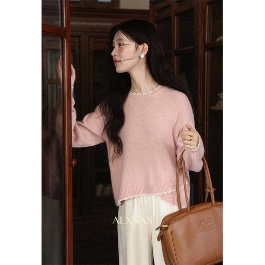 鹿向南「含花待放」粉红色圆领针织衫早秋新款设计感甜美上衣女款 商品图1